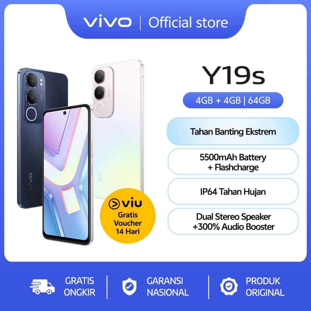 vivo Y19S (4/64) - 50 MP AI Camera, 5500mAh+15W FlashCharge, SGS Drop Resistance, IP64 Dust Waterproof, Dual Speaker Audio Boost